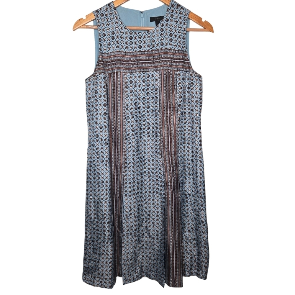 J Crew Womens Blue Geometric Print Sleeveless Pleated Silk Sheath Dress Size 2